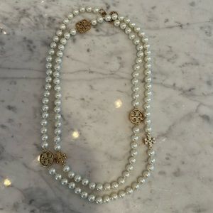 Tory Burch Gold Plated Beaded Long Pearl Station Chain Necklace